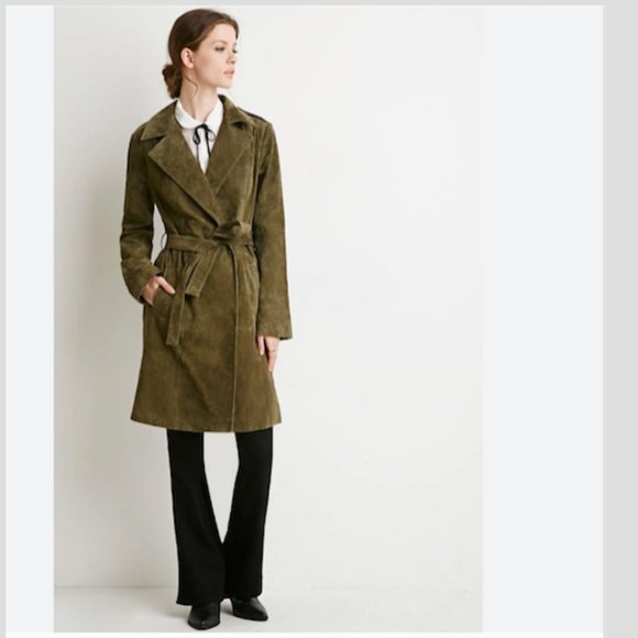 Suede Belted Short Mini Midi Trench Spring Army Moss Olive Green Jacket - Picture 1 of 5